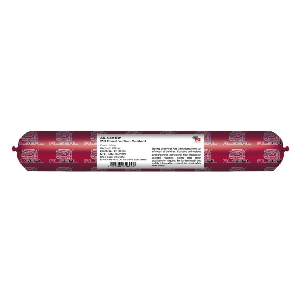 A close-up view of a label featuring the text "AS-4001SW MS Construction Sealant ALSEAL". The font is clearly visible with distinct lettering.