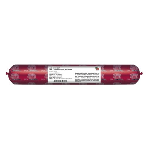 A close-up view of a label featuring the text "AS-4001SW MS Construction Sealant ALSEAL". The font is clearly visible with distinct lettering.