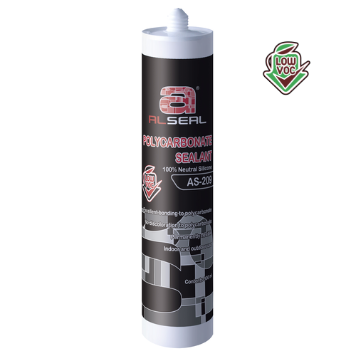 A white tube with a black label that reads "LOW VOC ALSEAL POLYCARBONATE SEALANT 100% Neutral Silicones AS-209." The tube is cylindrical in shape.