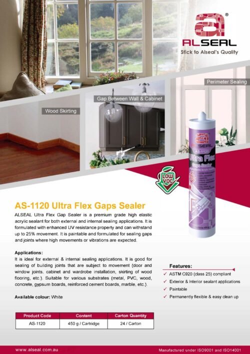 A poster featuring Alseal's Ultra Flex Gap Sealer, highlighting its features as a premium grade high elastic acrylic sealant suitable for internal and external sealing applications. The poster includes information about its UV resistance, ability to withstand movement, paintability, and various suitable substrates such as metal and wood. It specifies the product code AS-1120 with details on packaging quantities and compliance standards.