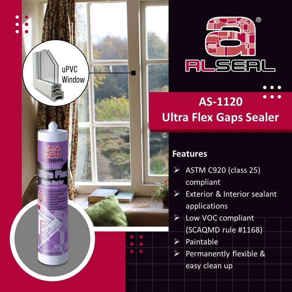 A promotional advertisement for uPVC ALSEAL Window AS-1120 Ultra Flex Gaps Sealer, highlighting features such as ASTM C920 compliance, suitability for exterior and interior applications, low VOC compliance, paintability, and easy clean-up. The image includes the product bottle and some descriptive text.