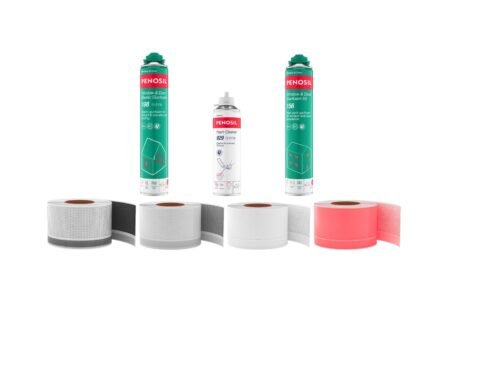 A collection of construction adhesive products including spray cans and adhesive rolls in various colors.
